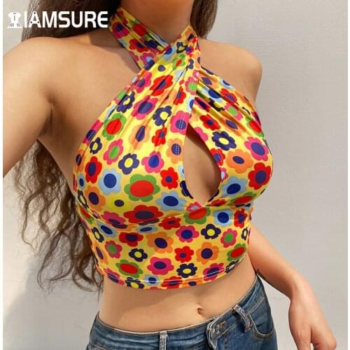 IAMSURE Beach Style Sexy Halter Top Prairie Chic Slim Backless Sleeveless Deep V-Neck Crop Tops Women 2021 Casual Y2K Tank Top