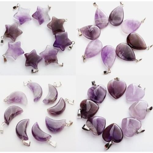 Fubaoying Natural Raw Amethysts Moon Crystal Pendant Men Stone Necklace Beads Pendants 50pcs Lot DIY Charms For Jewelry Making