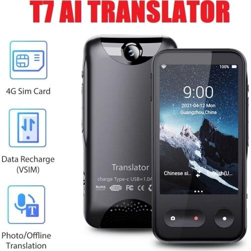 2021 T7 Smart Voice Translator 4G Internet 138 Languages 4.0inch Touch Screen Real Time Online OffLine Translation AI Conversion