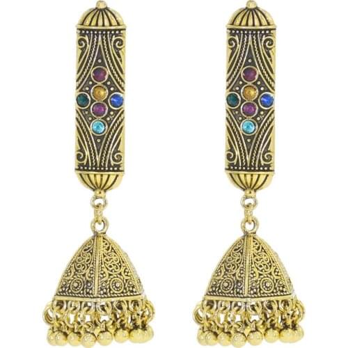 Vintage Gold Metal Indian Jhumka Earrings for Women Rhinestone Geometric Bells Tassel Hanging Earring Gypsy Tribal Jewelry Gift