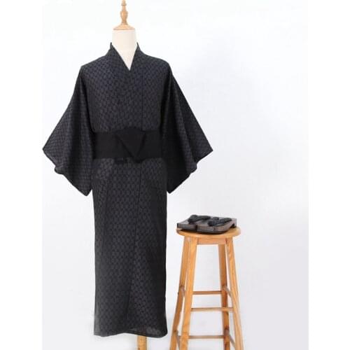 Yukata Men Japanese Style Traditional Pajamas Set Bathrobe Homme Samurai Kimono Asian Clothes Homewear Robe Obi Geta Night Gown