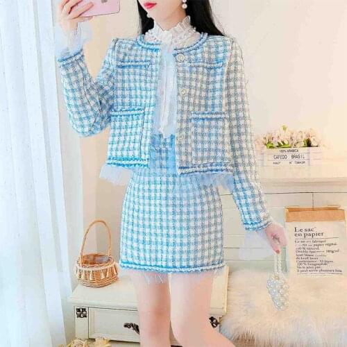 Ladies Suits Female Spring Autumn Tweed Knitted Tassel Coat + Skirt Pink Blue Two-Piece Sets Women
