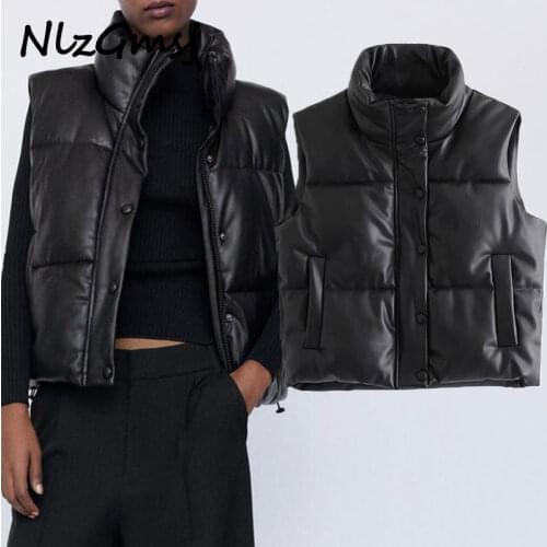 Nlzgmsj Za Parka Women Winter Black Warm Faux Leather Vest Women Fashion Zipper Sleeveless Coat Tops Female Casual Short Outwear