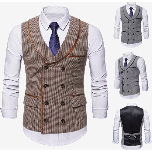 Mens Houndstooth Vest Mens Suit Vest Jacket Sleeveless Retro Fashion Autumn Wedding Vest Casual