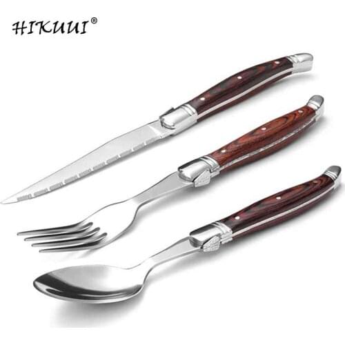 2pcs / set Steak Knives Forks Spoons Wooden Handle Laguiole Style Flatware Sets Stainless Steel Cutlery Wood Dinner Sets