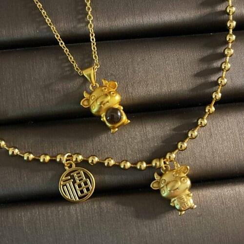 2021 New Exquisite Calf Jewelry Luxury Matte Gold Cute Comic Cattle Pendant Necklace Charm Bead Bracelet For Women Birthday Gift