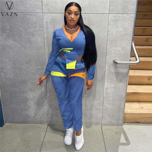 VAZN 2021 Autumn Asymmetrical Sexy High Street Free Young Full Sleeve Group Long Pencil Pants Skinny Women 2 Piece Set