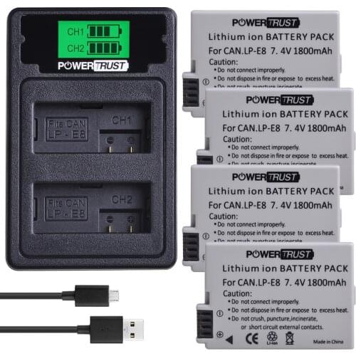 4Pcs LPE8 LP-E8 LP E8 Battery+LCD USB Dual Charger with Type C Port for Canon EOS 550D 600D 650D 700D Rebel T2i T3i T4i T5i