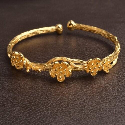 Flower Bangles Women Trendy Wedding Bangles Gold Color Plant Jewelry Arab Ornaments Flower Gifts #J0638