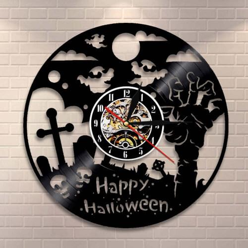 Horror Decoration Happy Halloween Decorative Black Wall Clock Zombie Hand Vintage Vinyl Record Wall Art Silent Quartz Wall Watch