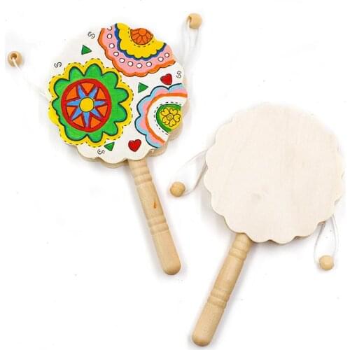 Wooden Unpainted Shaking Rattle Pellet Drum DIY Painting Crafts Kids Musical Toy Parent-Child Interactive Game Toys