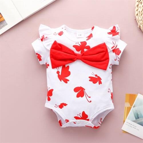 0-18M Newborn Toddler Kids Baby Girls Summer Clothes Red Romper Short-sleeved Bow Butterfly Printed Jumpsuit детская одежда L