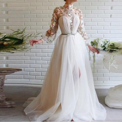 Elegant Prom Dresses Lace Appliques Long Evening Dress High Collar White Full Sleeves High-Split Flowers Formal Party Gown