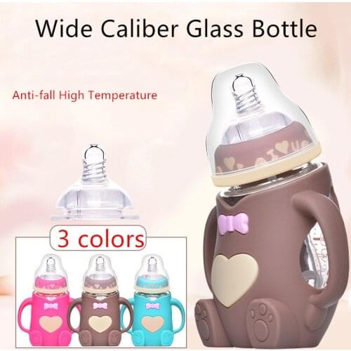 Hot Infant Baby Cute Feeding Glass Bottle Safe Silicone Milk Bottle With Handle Soft Mouth Newborn Drink Training Feeding Bottle