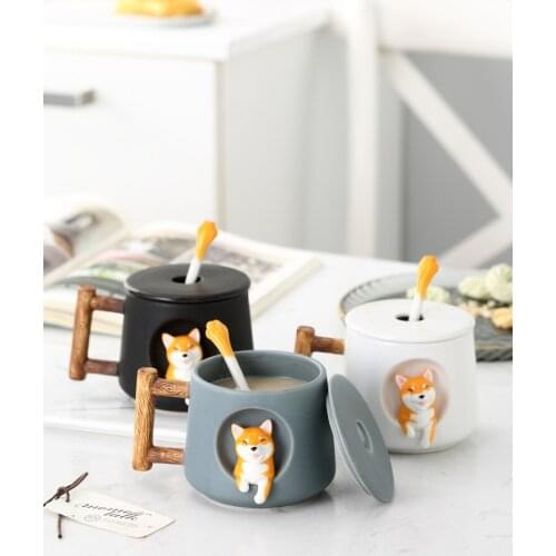 Ceramic Coffee Mugs Cup With Lid Spoon Creative Personality Trend Couple Cute Shiba Inu Home Breakfast Mug Capacity 420ml
