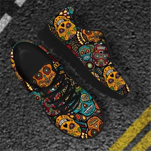 ELVISWORDS Sugar Skull Pattern Lace Up Mens Comfortable Flat-Shoes Breathable Air Mesh Sneakers for Male Casual Mans Sneakers