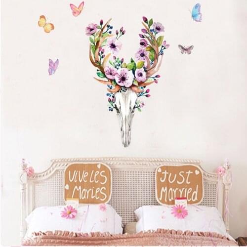 Flowers Animal Head Butterfly Wall Stickers Creative Elk Deer Head Wall Mural Poster Home Decor Wallpaper Art Removable Applique