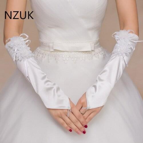 New Luvas De Noiva flower Gloves Beaded Satin Bridal Gloves Hook Fingerless Lengthen Gloves Wedding Accessories