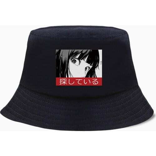 Sad Japanese Anime Aesthetic Harajuku Hip Hop Bucket Hat Panama Cap Women Men Cotton Outdoor Sunscreen Wide Brim Black Hats Caps