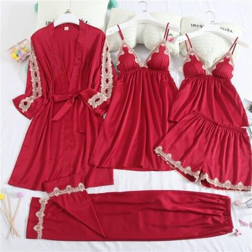 Women 5PCS Pajamas Suit Satin Nightwear Home Clothing INTIMATE LINGERIE Sexy Red Lace Sleeve Sleepwear Spring New Nightgown