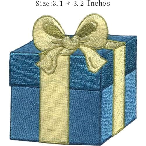 The gift box 3.1"wide embroidery patch for blue fabric/color bar/beautiful