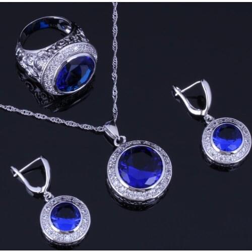 Eye-Catching Round Blue Cubic Zirconia White CZ Silver Plated Jewelry Sets Earrings Pendant Chain Ring V0989