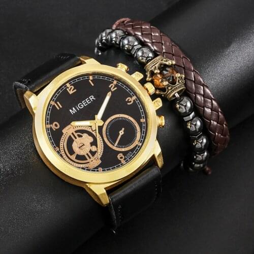 Luxurious Gold Watch Bracelet Gift Set Quartz Digital Men Watches 7 Holes Leather Strap Elastic Bracelets Best Gift for Husband