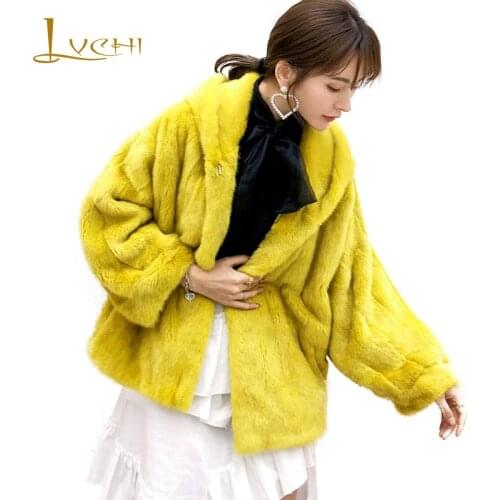 LVCHI 2019 Winter Import Mink Fur Coat Real Fur Coats Women Long Batwin Sleeve With Fur Hood Short 3 Pure Color Mink Fur Coats