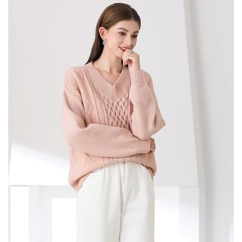 Wholesale Womens New Stylish Loose Sweater Female Pullover Thickened Imitation Velvet Beaded Yarn Knit V-Neck Sweater