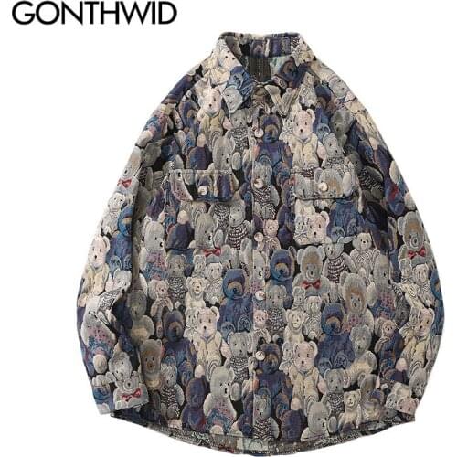 GONTHWID Harajuku Streetwear Shirts Coats Cartoon Bear Front Pockets Jackets Hip Hop Fashion Casual Men Loose Button Blouse Tops
