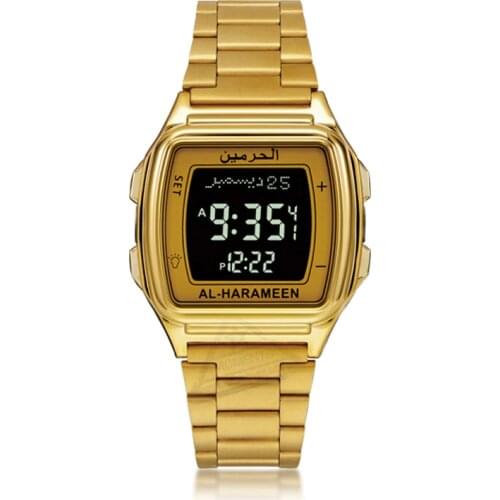 Prayer Watch with Azan Time and Qiblah Compass for Islam Muslim Al Harameem Fajr Wristwatch Including Hijri Calendar Adhan Alarm