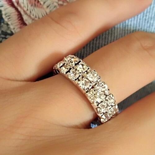 24pcs Size Resizable 6mm Width 2Row Rhinestone Crystal Elastic Fashion Rings for Women Ladies Popular Jewerly