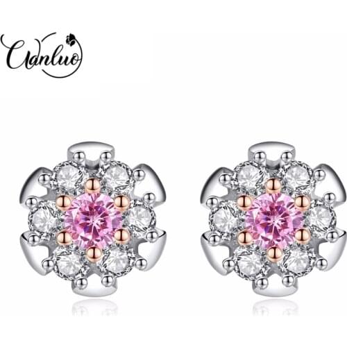 WANLUO Real 925 Sterling Silver Pink Zircon Stud Flower Earrings for Women Girls Sterling-Silver-Jewelry White & Gold Plated