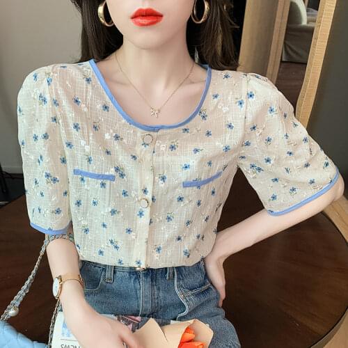 French sweet puff sleeve top women summer 2021 new design sense niche floral round neck short-sleeved shirt