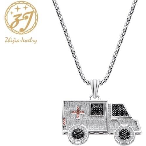 Zhijia ambulance pendant creative necklace for men top quality shiny ctystal rhinestone car series chain necklace