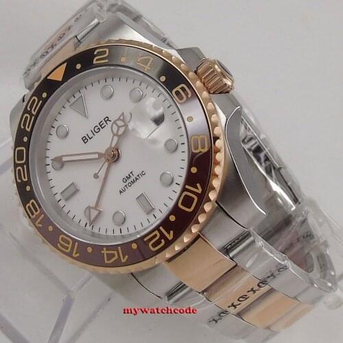 40mm bliger white dial rose golden case sapphire crystal GMT date window automatic mens watch 132