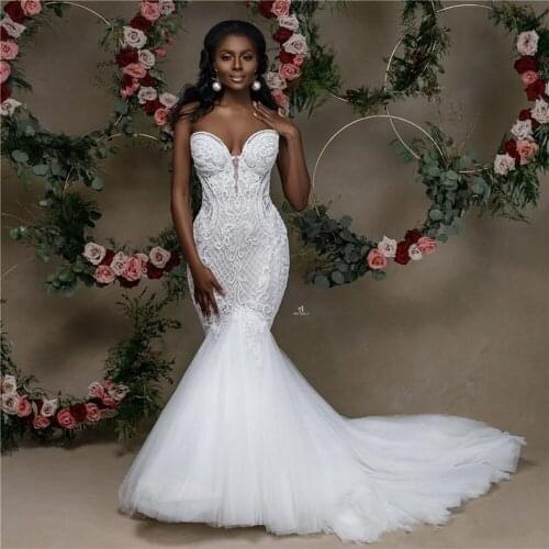 African Sweetheart Mermaid Wedding Dress 2020 New Strapless Lace Beaded Wedding Gowns Applique Bridal Dress