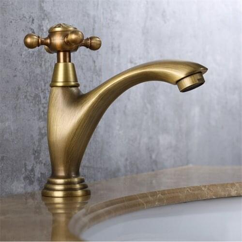 Antique Brass Single Cold Bathroom Basin Faucet Solid Copper Carved Sink Taps Single Handle Vintage Deck Mounted Free Shipping