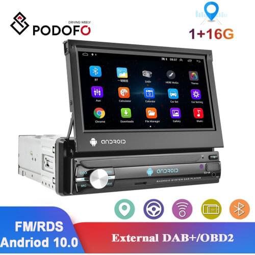 Podofo 1 Din Android 10.0 Car Multimedia Player GPS Wifi FM/RDS Bluetooth Car Radio 7'' Touch Screen Audio Stereo For Universal