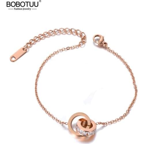 BOBOTUU Titanium Stainless Steel CZ Crystal Circle Charm Bracelets For Women Girls Rose Gold Chain Link Bracelet Jewelry BB19111