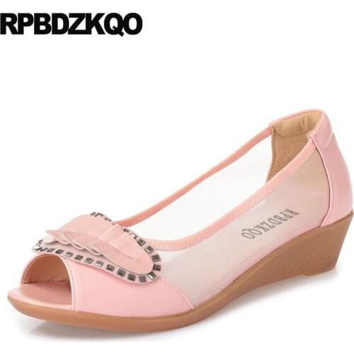 Big size white new round toe 4 34 pink rivet stud 2019 wedge peep ladies low heels shoes 10 42 cheap casual 11 43 women mesh