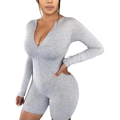 Women O Neck Long Sleeve Zip Closure Bodycon Bodysuit Elastic Sports Jumpsuit Bodysuits