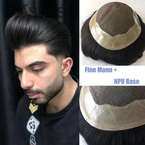 EVASFOS Fine Mono Lace & NPU Hairpiece Natural Straight Human Hair Wigs For Men Hair System Toupee Men Capillary hair Prostheses