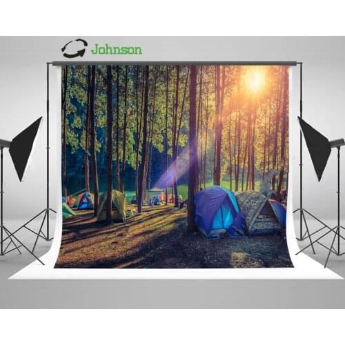 Camping Tent Pine Forest Sunset Tree Woodland backdrops polyester or Vinyl cloth High quality Computer print wall Background
