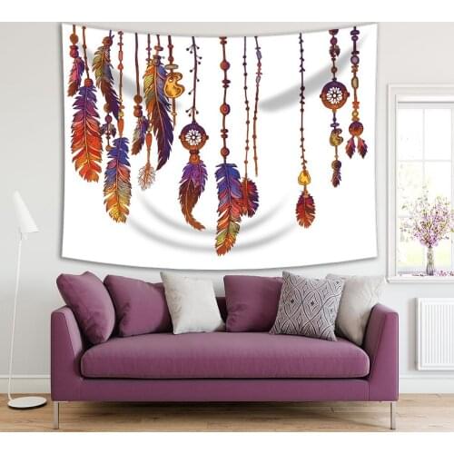 Tapestry Colorful Ornate Feathers Beads Boho Nature Traditional Decorating Artwork Brown Blue Yellow Print