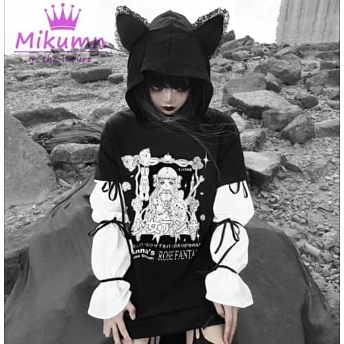Harajuku Sweatshirts Women Punk Print Hoodies Dark Gothic Chiffon Puff Sleeve Lace-Up Black Cat Ear Hoodies Thin Style Spring