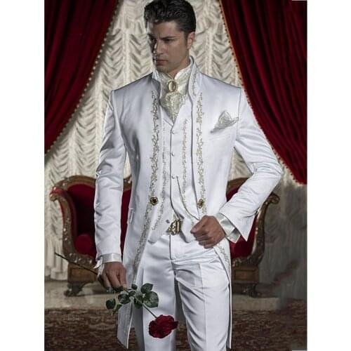 Classic White With Embroidery Groom Tuxedos Groomsmen Wedding Blazer Prom Suits Customize Size (Jacket+Pants+Vest) K:345