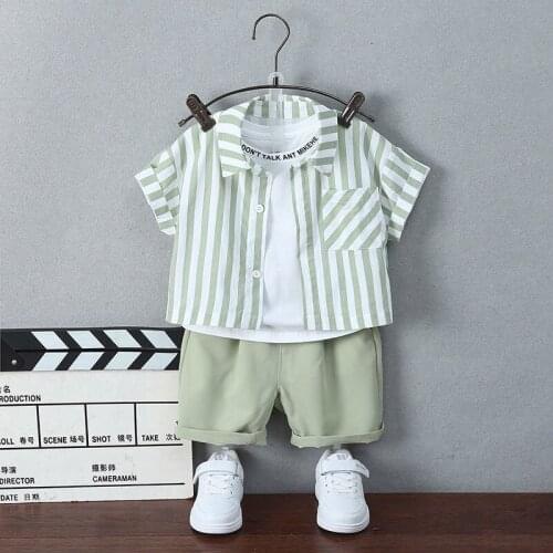 Boys shirt suit summer new style childrens striped short-sleeved shorts summer baby casual three-piece summer style tide