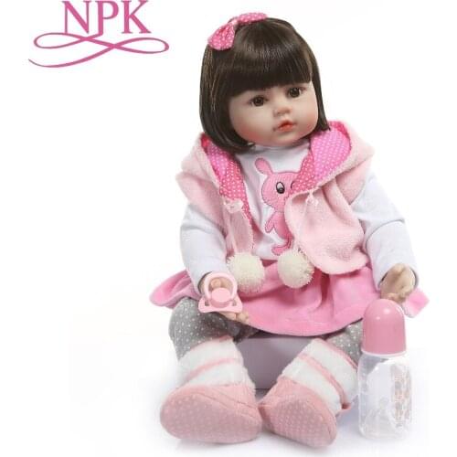NPK Pink Rabbit 60CM reborn toddler girl realistic soft silione vinyl bebe doll reborn brown short hair Birthday Gift