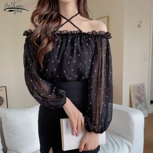 Summer 2021 New Slash Neck Print Floral Chiffon Shirt Women Off Shoulder Blouse Women Clothing Sweet Girls Long Sleeve Top 14937